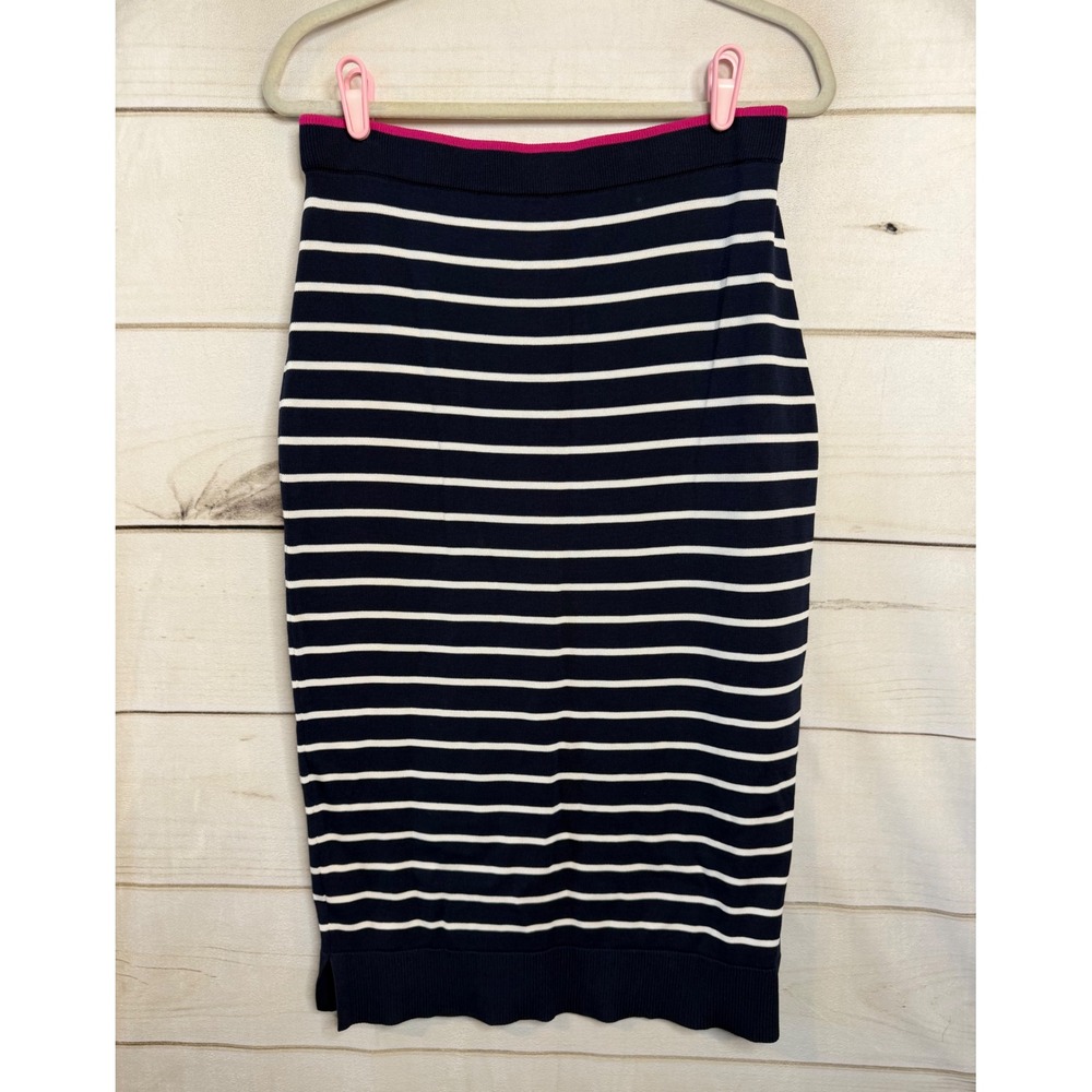 On 34th Womens Navy Blue White Striped Knit Midi Pencil Skirt Pink Trim Size M